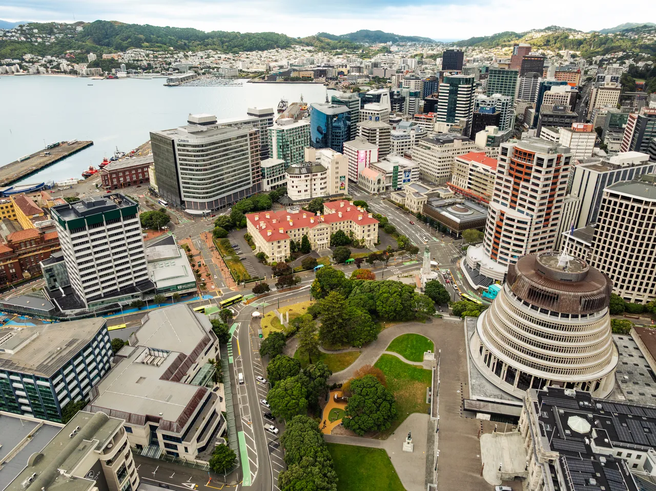 Aerial view of a harbourside city at dawn