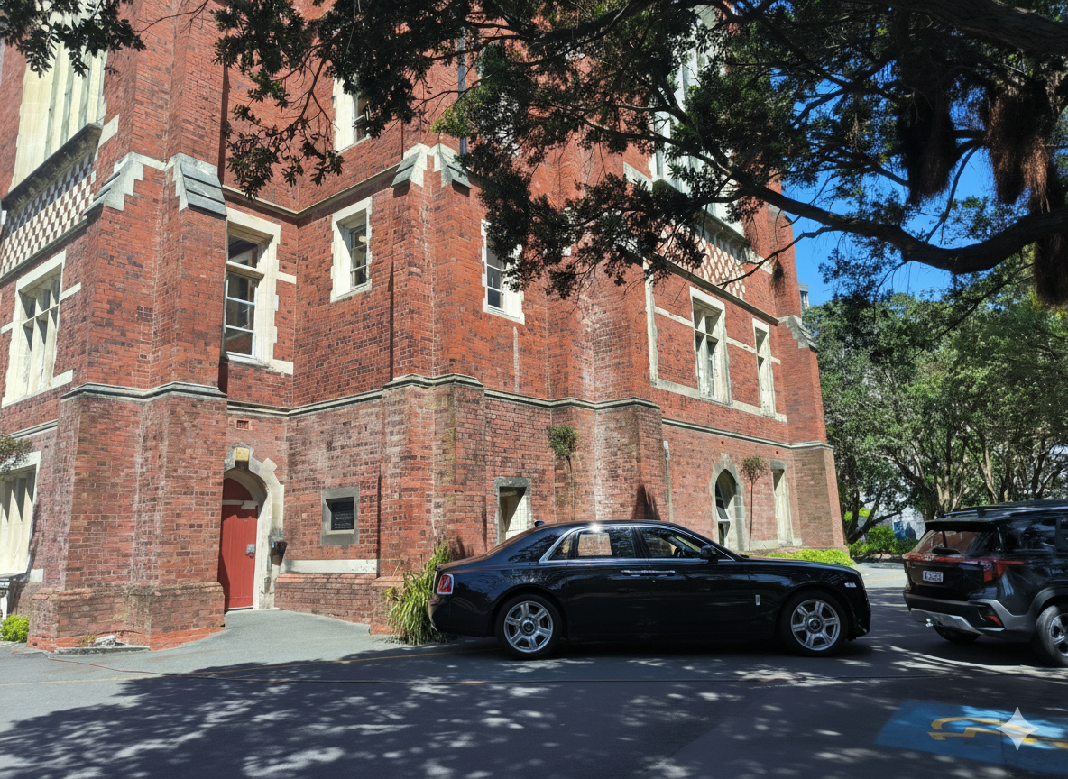 A red-brick gothic revival building, with a car parked at its entrance beneath trees